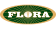 Flora logo with green and gold design on a black background