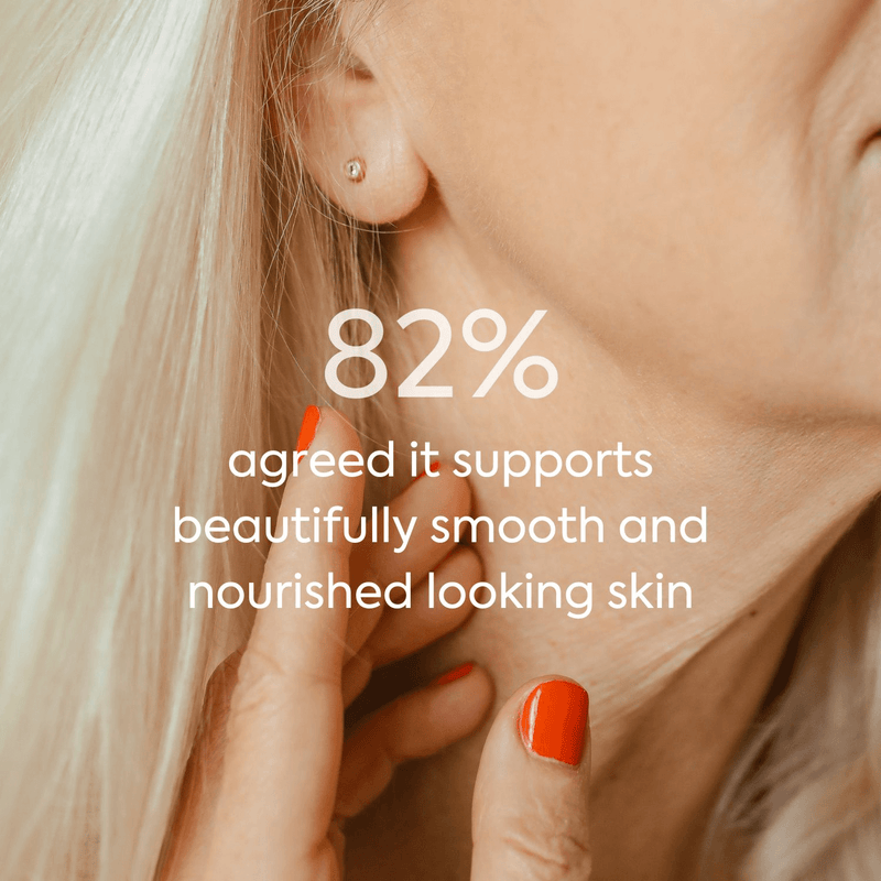 Close-up of a person's ear with blonde hair and orange nail polish, text overlay about skin health.