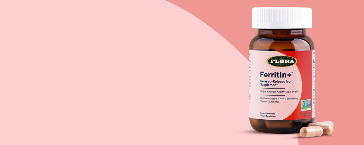 Ferritin+ Delayed-Release Iron Supplement bottle and capsules