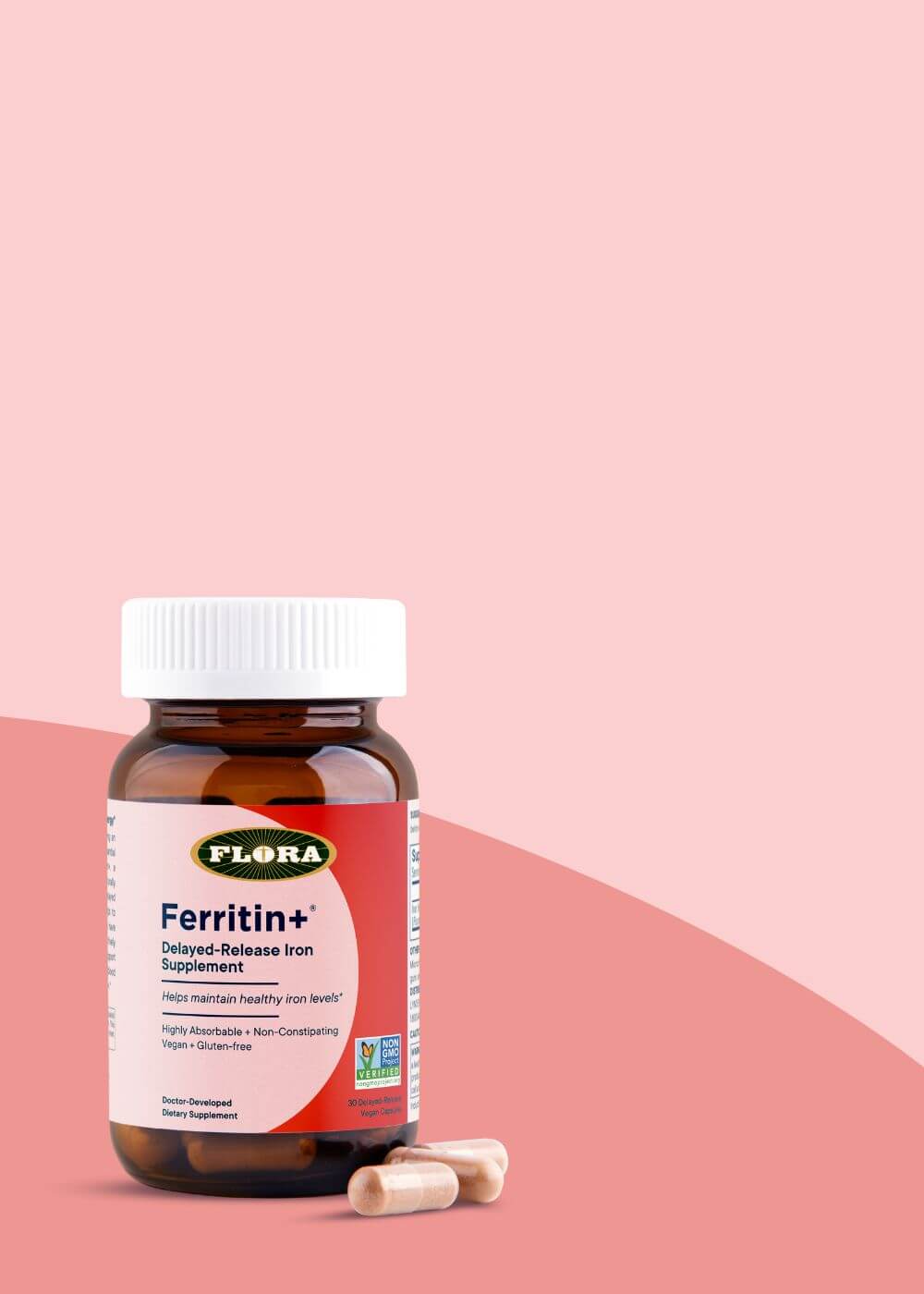 Ferritin+ Delayed-Release Iron Supplement bottle and capsules