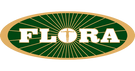 Flora logo with green and gold design on a black background